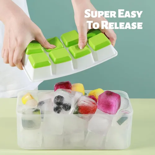 Miniatura 2 de Bandejas grandes para cubitos de hielo con tapa, paquete de 2 moldes apilables de silicona para congelador, fácil liberación, 16 bandejas de hielo
