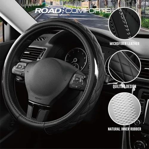 Miniatura 4 de Road Comforts Funda de Cuero para Volante – Negro y Negro, Ajuste Universal 14.5-15 Pulgadas, Cuero de Microfibra, Diseño Antideslizante