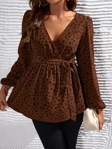 Miniatura 4 de OYOANGLE Blusa de maternidad para mujer, elegante, con lunares, manga larga, cuello en V, con cinturón, ropa de embarazo