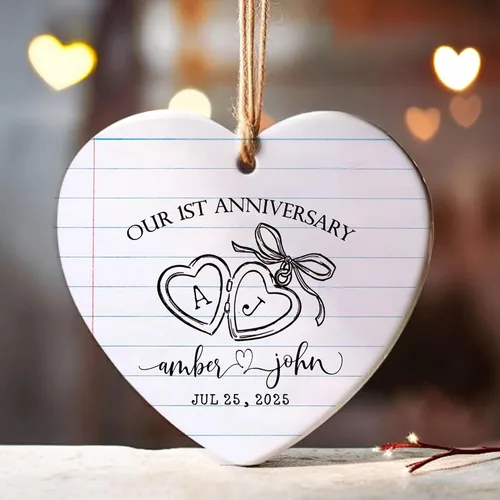 Miniatura 2 de Adorno personalizado para el primer aniversario, recuerdo romántico de corazón de cerámica con nombres y año, regalo para parejas, decoración única