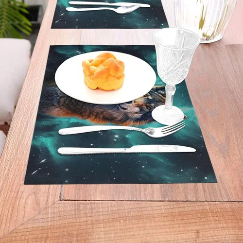 Miniatura 3 de 6 PCS PVC Placemats Set Place Mats A Wolf Stands in Front of The Starry Sky Non-Slip Weave Place Mats 12" x 18" Farmhouse Table Mat Set for Family
