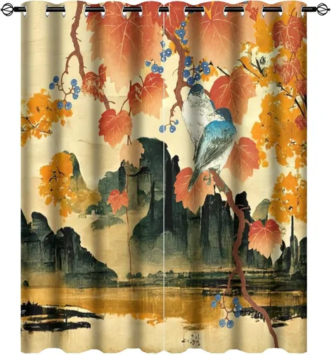 Miniatura 13 de Cortinas opacas para oscurecer la habitación con ojales, diseño de flores japonesas con ojales, arte retro de primavera y ramas florales, arte