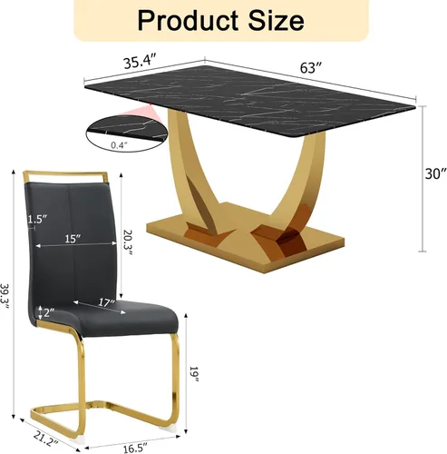 Miniatura 2 de Juego de mesa de comedor de 63 pulgadas para 4, juego de mesa de comedor dorado moderno para 4, juego de mesa de cocina de mármol sintético con negro