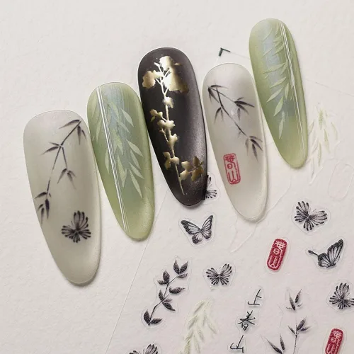 3 hojas de calcomanías de arte de uñas de hojas de bambú de sauce estilo chino 5D, calcomanías autoadhesivas doradas y plateadas para mujeres y