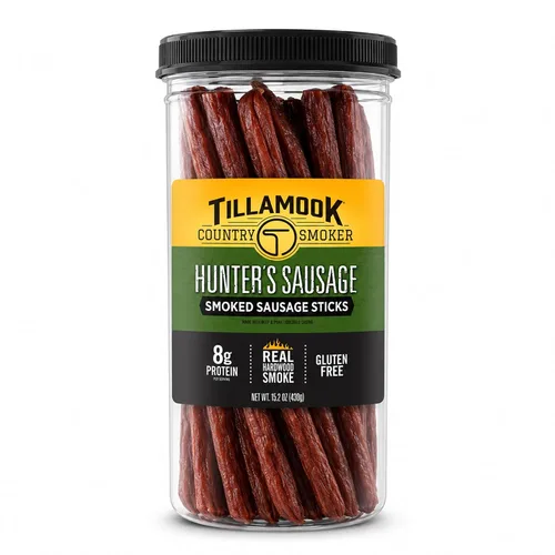 Tillamook Country Smoker Hunter's Salchicha ahumada salchicha ahumada, tarro de 15.2 onzas, palitos de carne de res ahumada lenta de madera real,