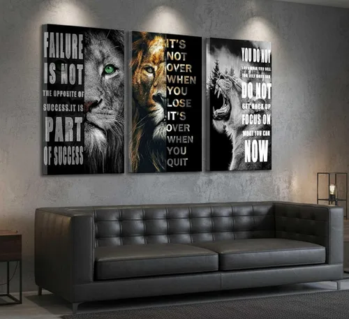 Miniatura 4 de 3 Piezas de Arte de Pared Inspirador para Oficina, Lienzo Moderno con Citas Motivacionales, Imágenes en Blanco y Negro de León, Decoración de Pared