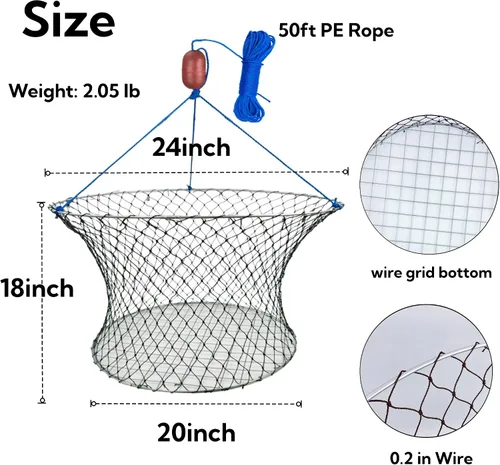 Miniatura 2 de Trampa para cangrejos de doble anillo, red de cangrejo de anillo de acero, parte superior de 24 pulgadas, parte inferior de 20 pulgadas, cuerda