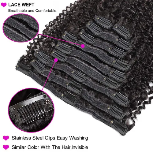 Miniatura 3 de Extensiones de cabello humano real rizado con clip, para mujeres negras, extensiones de cabello humano rizado brasileño 3C 4A, 10 piezas con 21