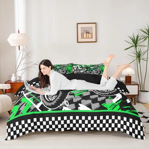 Miniatura 4 de Juego de funda de edredón verde fluorescente para motocross, juego de ropa de cama para deportes extremos para niños y niñas, funda de edredón