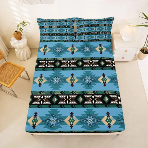 Miniatura 53 de Juego de ropa de cama de estilo bohemio occidental, tamaño individual, diseño de vaca atrapasueños, sábana bajera ajustable del suroeste, tribu
