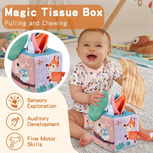 Miniatura 3 de Twefex Juguetes Montessori para bebés de 6 a 12 meses – Kit de juego 3 en 1 para bebés – Tambor giratorio mediano – Caja de pañuelos para bebé