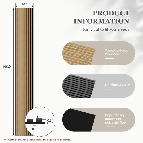 Miniatura 3 de Paquete de 4 paneles acústicos de pared de 105.9" x 12.6" x 0.8" que absorben sonido, paneles de pared de listones de madera para decoración de Teca