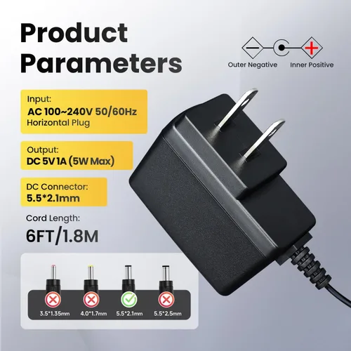 Miniatura 2 de Adaptador de fuente de alimentación de 5 V, 1 A, 1000 mA, 6 pies, enchufe de pared horizontal, adaptador de conmutación de 5 W 0.5A 0.8A AC/DC