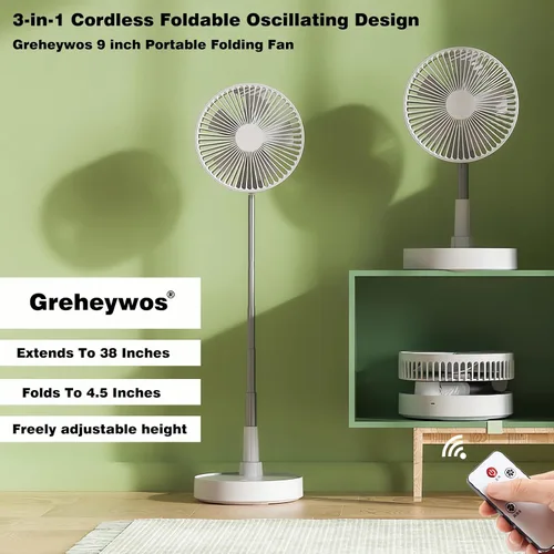 Miniatura 2 de Ventilador oscilante plegable recargable de 9 pulgadas, 7200 mAh, funciona con pilas, ventilador pequeño con control remoto, ventiladores