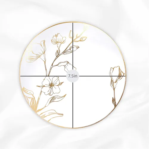 Miniatura 3 de Platos de 7 pulgadas, 10 unidades, platos de fiesta de plástico blanco con diseño floral y borde dorado, vajilla desechable elegante de peso pesado