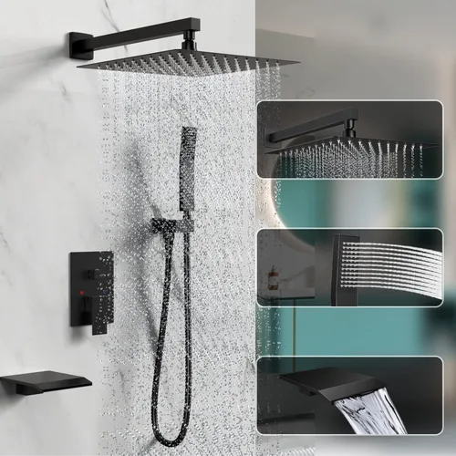 Miniatura 4 de Sistema de ducha de lluvia, juego de grifo de ducha de 12 pulgadas con boquilla de bañera, juego de grifos de ducha de cascada montado en la pared