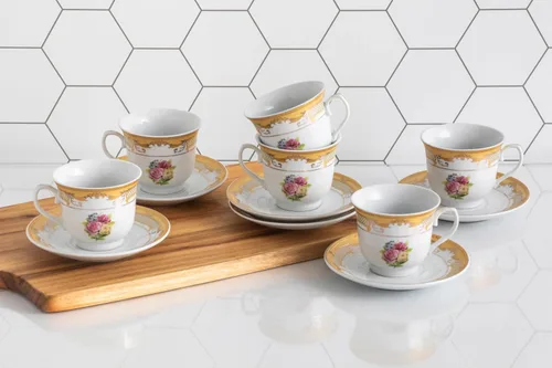 Miniatura 4 de Juego de té de porcelana, 12 piezas, elegante diseño floral blanco con borde dorado – Platillos de 5.5 pulgadas, tazas de 6.5 onzas – para fiestas