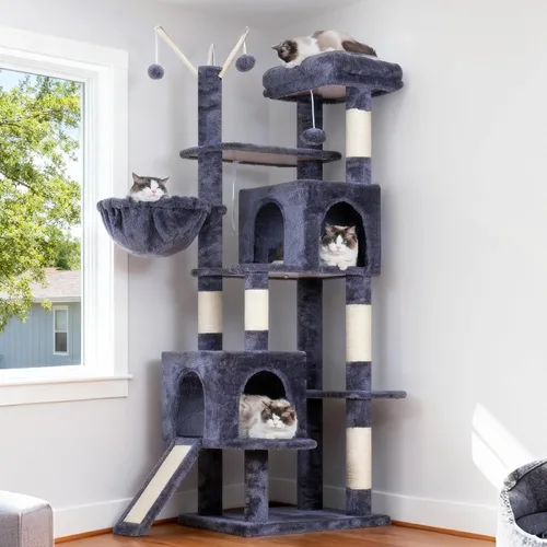 Miniatura 9 de Hey-brother Torre de árbol para gatos, postes rascadores con juguetes extraíbles, acogedor condominio, plataforma, hamaca, tabla de rascar de sisal