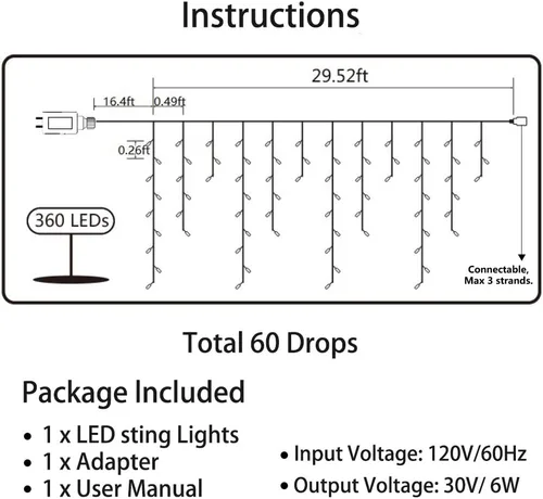 Miniatura 3 de Toodour Luces de Carámbanos de Navidad para Exteriores, 360 LED 29.5 pies 8 Modos Luces de Hada de Carámbanos en Cadena con 60 Gotas, Luces LED