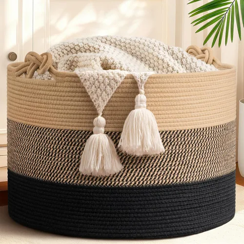 Miniatura 18 de CherryNow Cesta grande de mimbre para lavandería, entrada, dormitorio, cestas decorativas de yute para ropa, juguetes, cesta de toalla para baño, 22