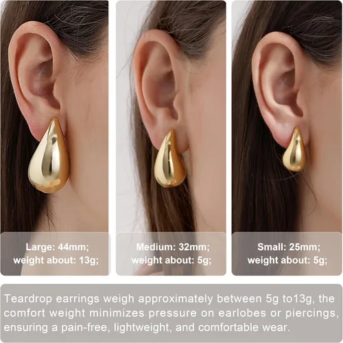 Miniatura 2 de Aretes de aro gruesos de oro para mujer, aretes ligeros de lágrima de plata de ley 925, aretes grandes chapados en oro, aretes de gota de agua