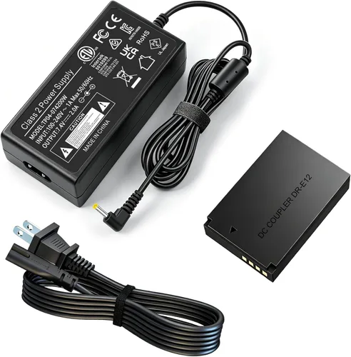 ACK-E12 Adaptador de corriente AC/DR-E12 Acoplador de CC Kit de batería ficticia | Para cámaras Canon EOS M50, EOS M50 Mark II, EOS M200, EOS M100