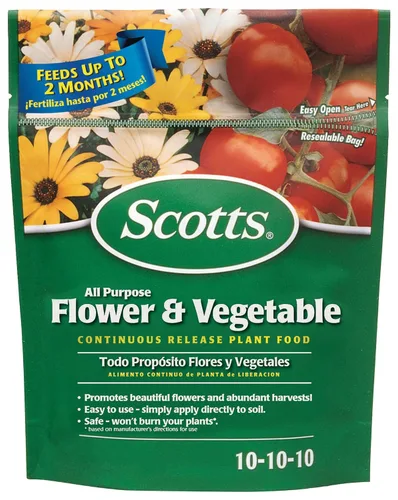 Scotts Alimento para plantas de liberación continua de flores y verduras para exteriores, 3 libras.
