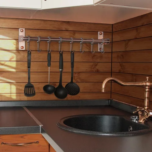 Miniatura 3 de Dseap Soporte Colgador para Utensilios de Cocina, Estante de Pared para Ollas y Sartenes, Riel de Cocina con 8 Ganchos para Colgar Utensilios