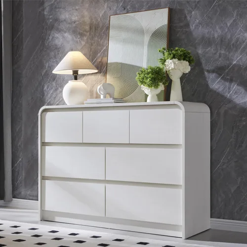 Miniatura 9 de Aitjunz Cómoda moderna de 5 cajones para dormitorio, 114 cm de altura con diseño de perfil curvo, cómoda vertical de madera estilo mediados de siglo