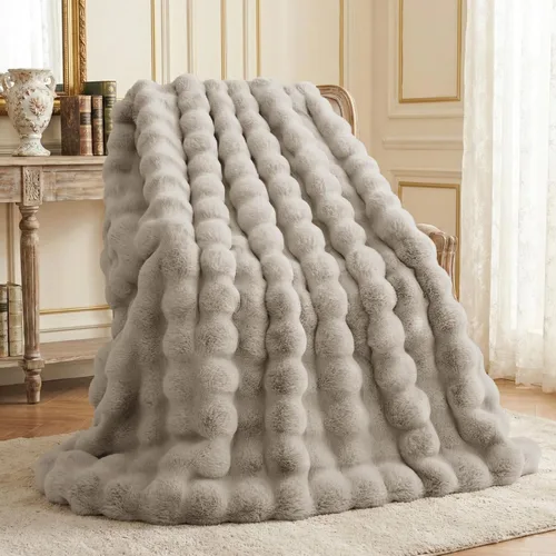 Miniatura 25 de L'AGRATY - Manta de piel sintética de 50" x 60" de lujo, suave y esponjosa, de pelo de conejo, para cama, sofá o diván - Manta mullida y decorativa
