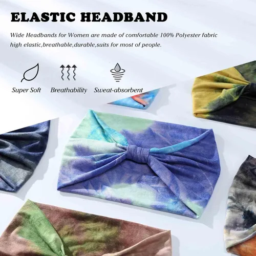 Miniatura 7 de Olbye Diademas anchas para mujer, diademas bohemias anudadas, diadema turbante anudada, teñido anudado, bandas elásticas antideslizantes