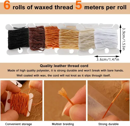 Miniatura 3 de Tikjiua Kit de costura de cuero de 59 piezas, aguja de tapicería para coser a mano, kit de costura resistente con tapicería de hilo encerado, kit
