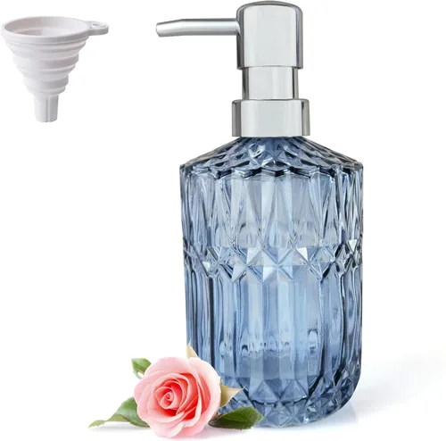 LaMarriti Dispensador de jabón de vidrio transparente con bomba plateada a prueba de óxido, dispensador de jabón de cocina de vidrio grueso Azul