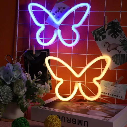 Miniatura 9 de Riakrum 2 piezas de letreros de neón de mariposa, luz LED de 3 pilas AAA, alimentado por USB, letrero de neón de pared, decoración de mariposas