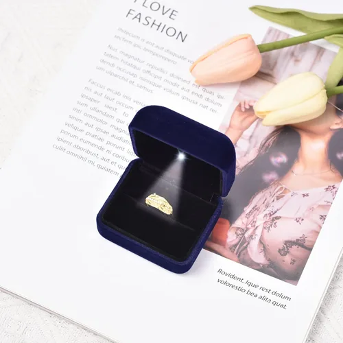Miniatura 2 de Caja de regalo de terciopelo de metal brillante con LED para propuesta, compromiso, boda, fácil de colocar en tu bolsillo o bolso, color azul
