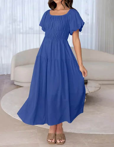 Miniatura 3 de ZESICA Women's 2024 Sexy Boho Off Shoulder Puff Short Sleeve High Waist Ruffled Flowy A Line Beach Party Midi Dress