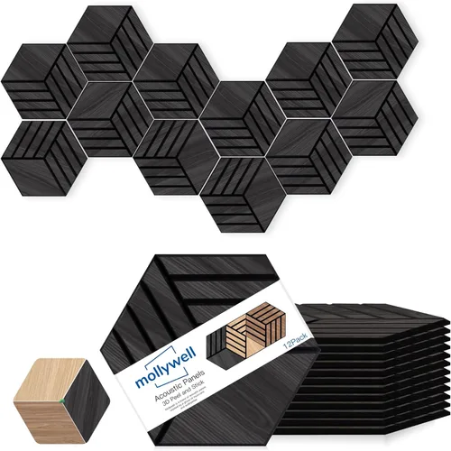 Miniatura 12 de Mollywell Paneles acústicos, decoración de grano de madera de PVC, azulejos de pared con patrón tallado de 12 x 12 pulgadas, autoadhesivos