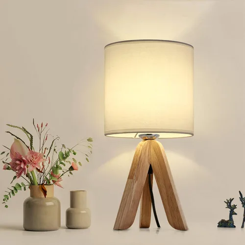Miniatura 10 de HAITRAL Lámpara de Mesa de Trípode de Madera con Base Marrón, Pequeña Lámpara de Mesa Lámpara de Mesita de Noche con Pantalla de Tela de Lino