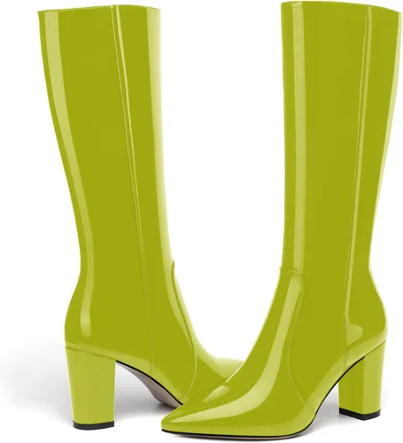 Miniatura 104 de AMBELIGHT Botas altas hasta la rodilla con cremallera y puntera puntiaguda para mujer, de patente sólida, tacón alto, 3.3 pulgadas