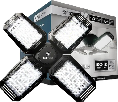 Miniatura 9 de GT-Lite Luz LED de garaje de 3000 lúmenes, equivalente a 300 vatios, bombilla ajustable de 3 paneles, equivalente a 150 W, luz diurna de 5000 K, E26