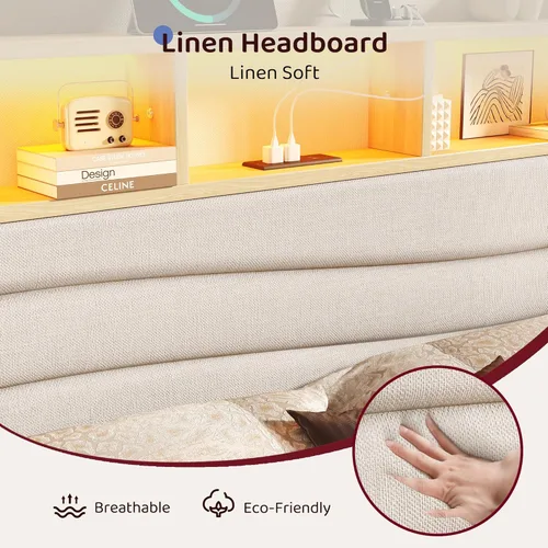 Miniatura 5 de BRELTAM Base de cama tamaño King con 6 cajones de almacenamiento, plataforma tapizada de lino con estación de carga y luces LED, diseño de cabecera