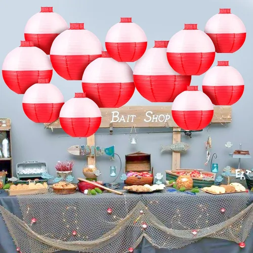 Miniatura 2 de Faroles de papel de pesca Bobber redondos, 12 linternas de papel colgantes rojas y blancas para pescadores, suministros de decoración de fiestas
