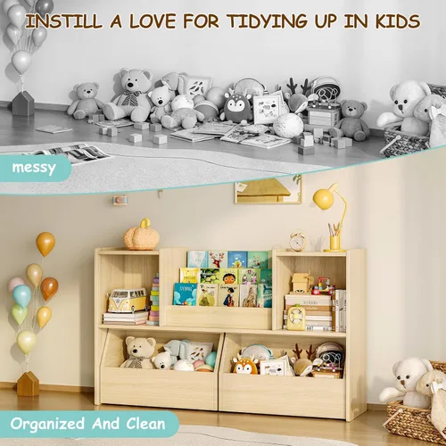 Miniatura 9 de EXPERLAM Estantería de madera maciza para niños y organizador de almacenamiento de juguetes, estantería Montessori 3 en 1 con cubos