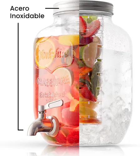 Miniatura 7 de Dispensador de bebidas de 1 galón. Dispensador de bebidas de vidrio con espita de acero inoxidable más cilindro de hielo e infusor de frutas.
