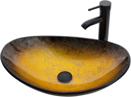 Miniatura 11 de Lavabo de Recipiente Lavabos de Baño Vidrio Templado Azul Cuenca de Arte 20.8"x13.7" Cuenco Ovalado Sobre Encimera con Grifo y Desagüe Pop-Up Combo