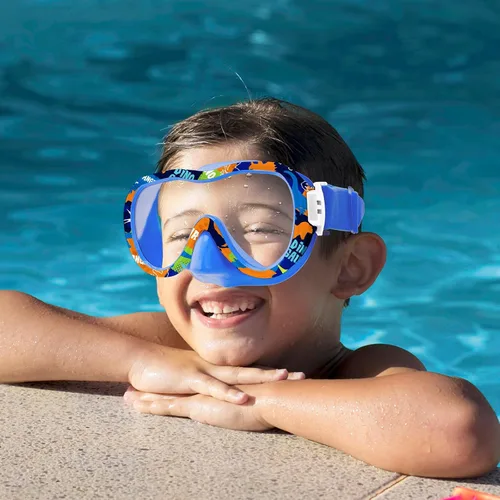 Miniatura 9 de Gafas de natación para niños con cubierta para la nariz, máscara de esnórquel panorámica de 180° con diseño antivaho y antifugas, correa de tela