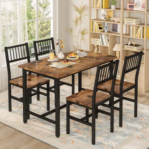AWQM Juego de mesa de comedor de 43.3 pulgadas para 4, mesa industrial con 4 sillas curvas, juego de mesa de cocina rectangular de 5 piezas para