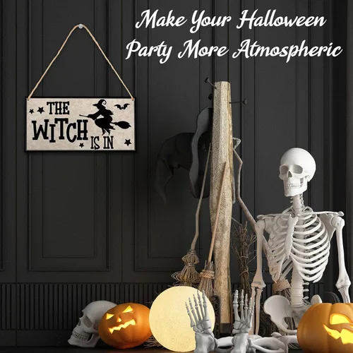 Miniatura 3 de ZIIUFRN Wswood-A14 - Decoración de terror de Halloween con texto en inglés "The Witch is in Halloween", letrero de puerta de madera para puerta La