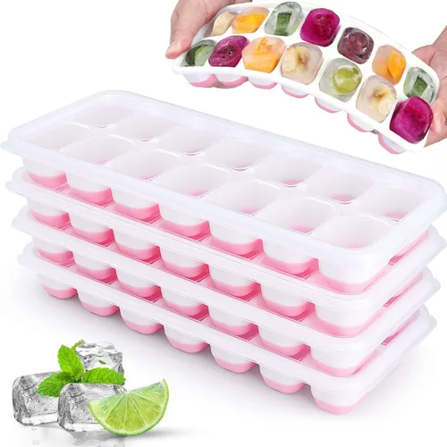 Miniatura 8 de Paquete de 4 bandejas para cubitos de hielo, fáciles de liberar y flexibles, bandejas de silicona para cubitos de hielo de 56 piezas con tapa