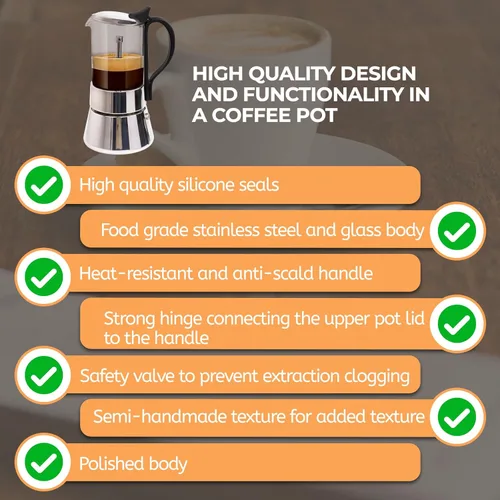 Miniatura 7 de Olla de vidrio transparente para 4 tazas, 7.4 fl oz, cafetera de acero inoxidable, sin recubrimiento, cafetera de café expreso, estilo italiano